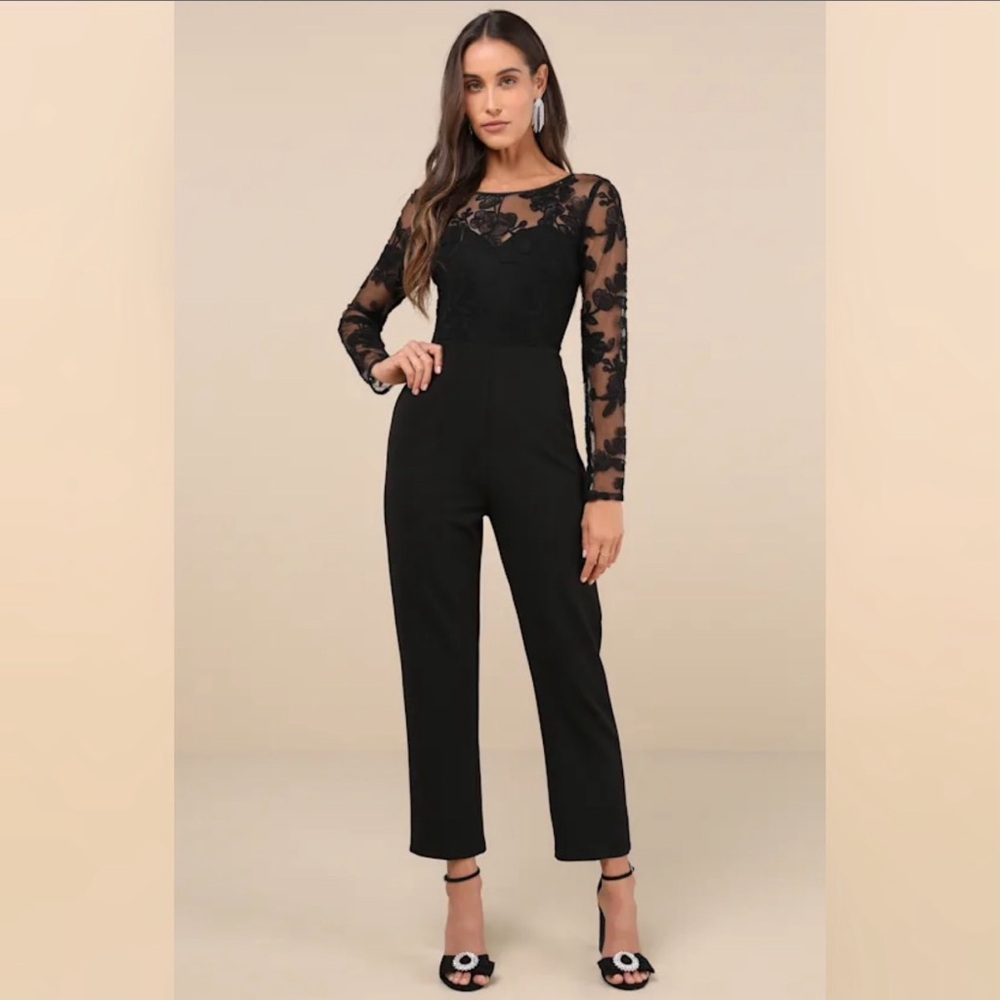 New Lulus Black Embroidered Lace Long Sleeve Jumpsuit Large